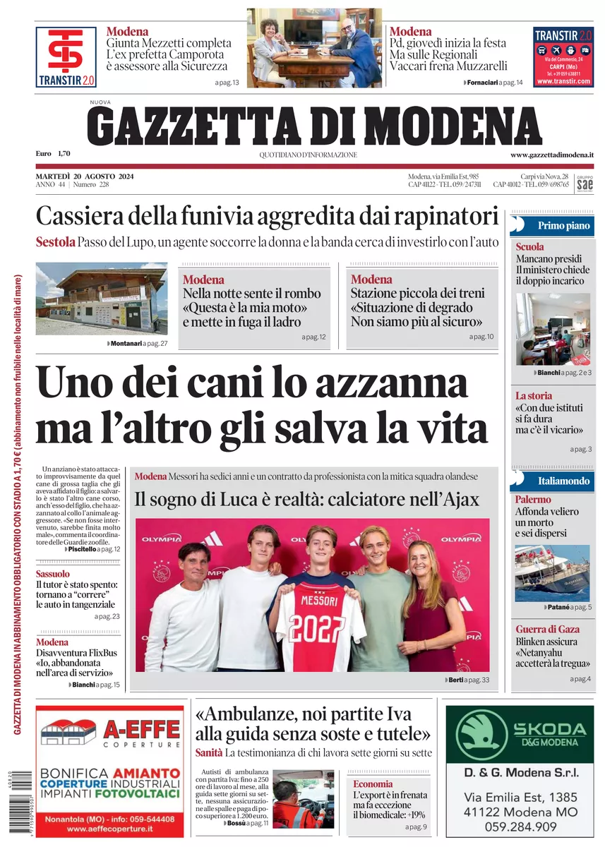 Prima-pagina-gazzetta di modena-oggi-edizione-del-2024-08-20